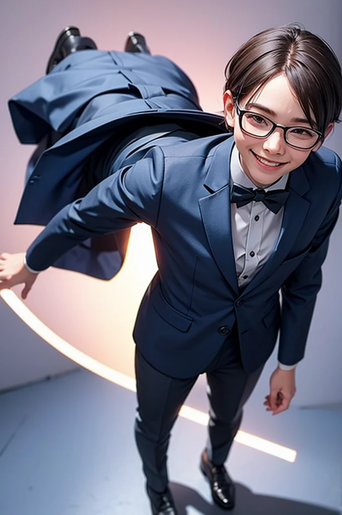 create a teacher character, short hair, blue formal clothes, wearing glasses, smiling, full body