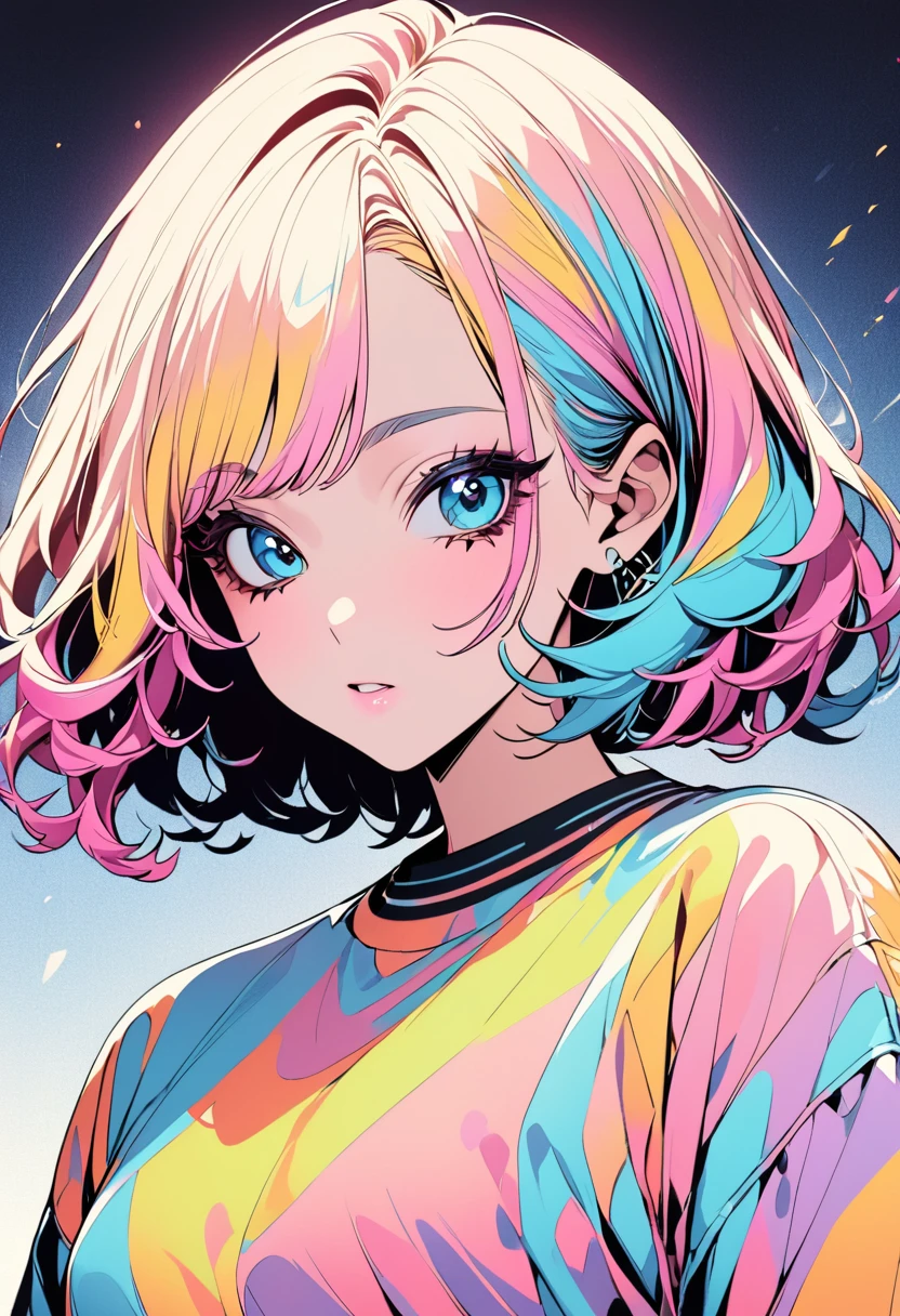 (Highest quality:1.2, City Pop Style, Very detailed, up to date, Vibrant, High Contrast, masterpiece:1.2, Highest quality, Best aesthetics), boy, ((Face Up Shot:1.4)), Colorful Hair, Bobcut, pastel colour, 1980s style, ((Retro, Vintage, Plain background))