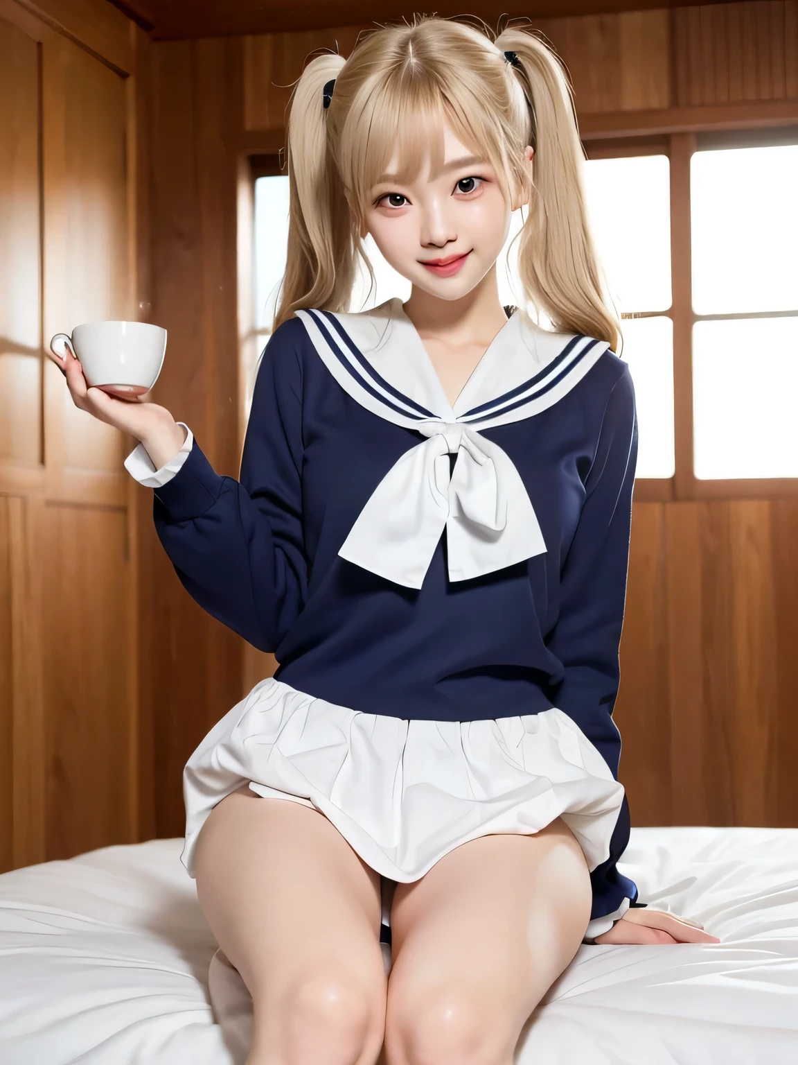 1 person、、Full body photo、slender、Japanese women、White drool coming out of the mouth、smile、Blonde twin tails、Fair skin、very cute、Soft and good looking、8k resolution、Surreal、Ultra-high resolution、A cup small breasts((Highest Resolution、、masterpiece:1.3))、Extremely thin face、Ultra-thin lips、Beautiful Eyes、double eyelid、Sailor suit、Thighs、thin、Thighsが見える、Shapely small breasts、smile、