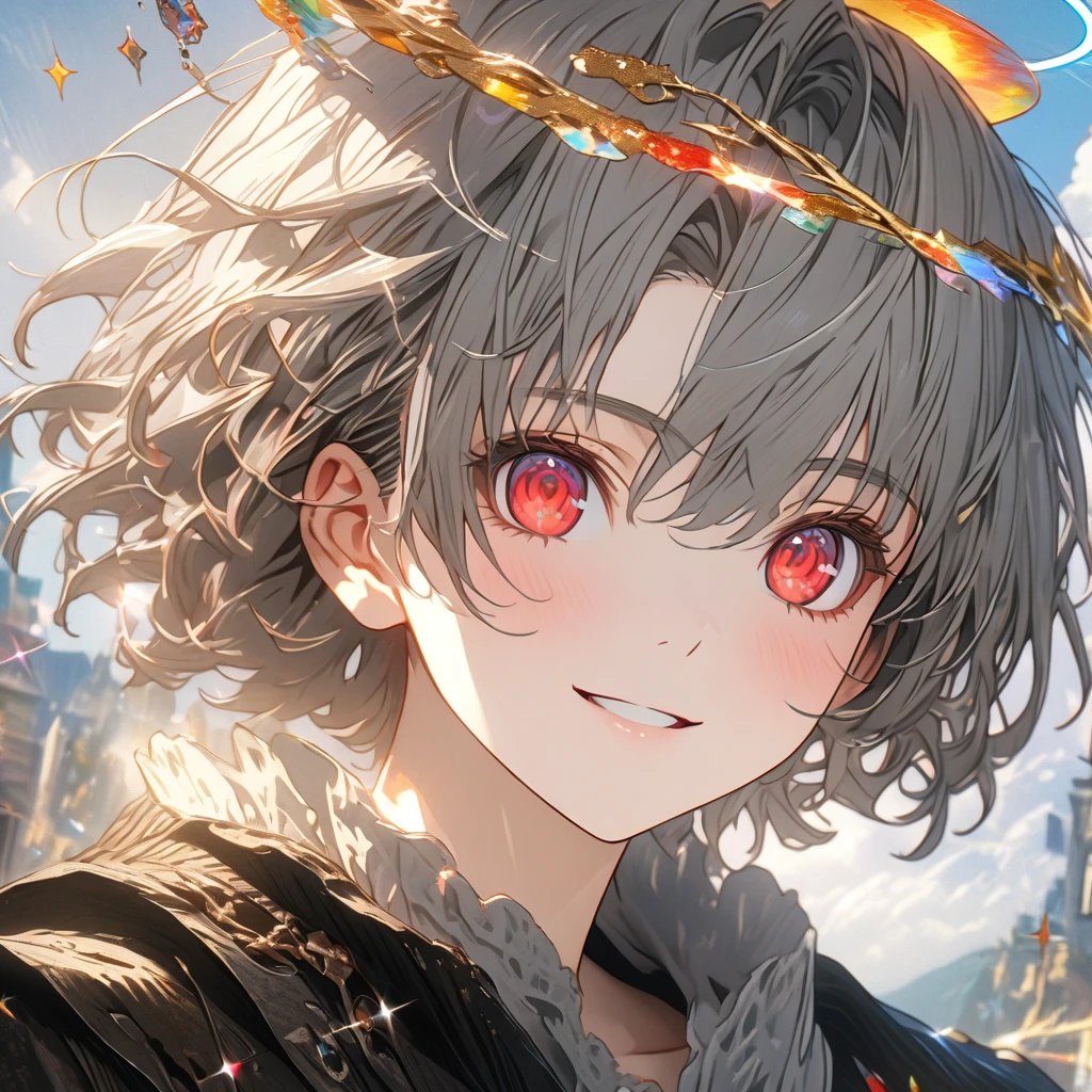 1 men, grey hair, halo, jewelry, gradient hair, short hair, bangs, red eyes, smile, light smile, anime, Surrealism, lens flare, sparkle, UHD, masterpiece, accurate, anatomically correct, super detail, high details, 4K, best quality