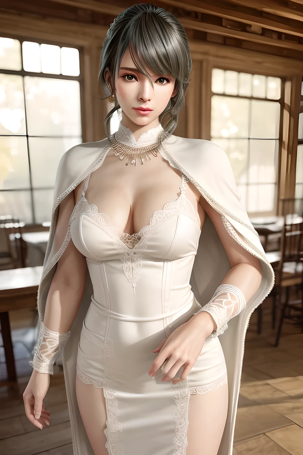 A lady with extraordinary temperament, she stands in a modern indoor space, as if she is a model from a fashion magazine. She is wearing a (pure white long fur cape), the softness and luster of which makes her look more noble under the light, and complements her (beige dress) underneath, showing her gentle temperament while maintaining a sense of fashion. The style of the dress is simple and generous, a perfect match, and it lengthens her figure, making her tall and charming. The lady's makeup is delicate and elegant, which just highlights her facial features and makes people unforgettable at first sight. Although the earrings and necklace she wears are not ostentatious, they add a bit of sophistication and nobility to her overall look. Her hair is casually draped over her shoulders, and every strand of hair exudes a natural luster,, (best quality,8k,highres,masterpiece:1.2),ultra-detailed,(realistic,photorealistic,photo-realistic:1.37),studio lighting,ultra-fine painting,sharp focus,physically-based rendering,extreme detail description,professional,vivid colors