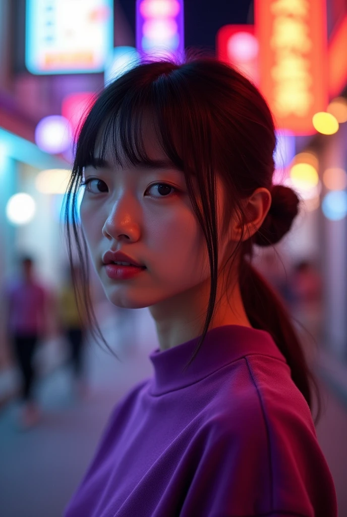 a girl in a purple top in a neon city, in the style of chinapunk, iconic album covers, soft-focus portraits, luke fildes, light amber and silver, exotic, captivating lighting