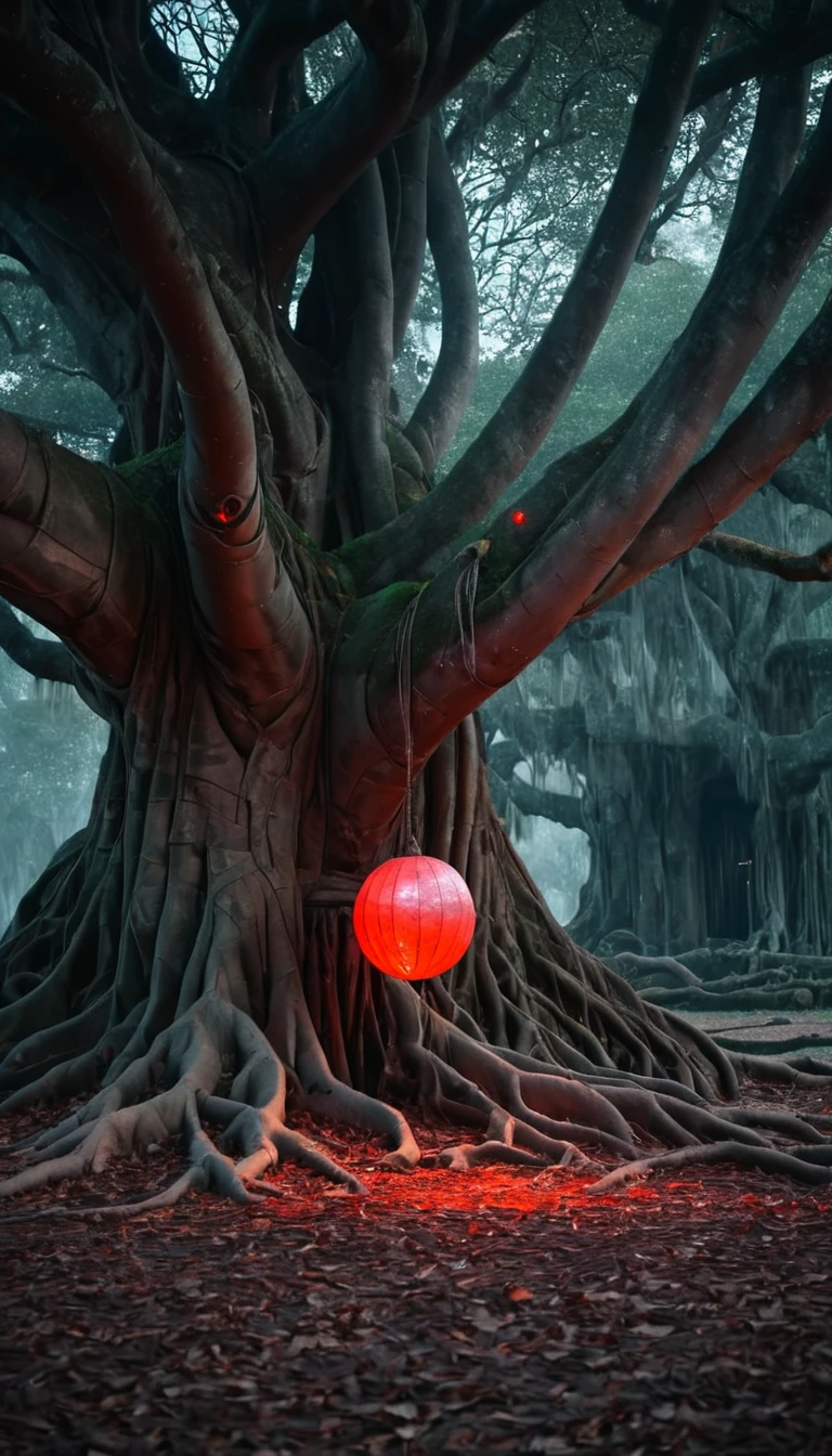 A digital photo of Thang Cuoi with glowing red eyes.
Thang Cuoi with a sad face, sitting under an old tree, tightly holding a glowing ball, eyes looking into camera. ((Peasant outfit)), ((grass shoes)).
Close-up of an ancient banyan tree, dewy, mossy and rotten, floating in a dark, foggy forest.
The ancient tree is surrounded by unusual twisted roots.
((Ancient banyan tree with hanging balls, emitting a red glow)).
Cinematic light, high detail, 8k, artstation, conceptual art, dark fantasy.
Photo taken with Canon EOS R5 85mm f/11, ((sharp)) mode of people and surrounding landscape. Image quality ((8K)), ((realistic)), ((masterpiece)), ((sharp and highest contrast)), ((excellent depth of field)), ((stereoscopic lighting)).