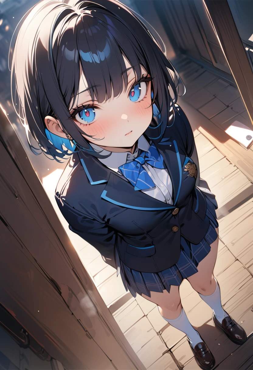 (masterpiece, best quality:1.5), (high resolution 8K), detailed eyes and face, detailed body, 
BREAK (extra short hair:1.5), blunt bangs, black hair, (inner blue color hair:1.2), Blue eyes, , small breast,  
BREAK expressionless, 
BREAK  school uniform, blazer, white shirt, skirt, white socks, 
BREAK standing, model posing, dynamic angle, 