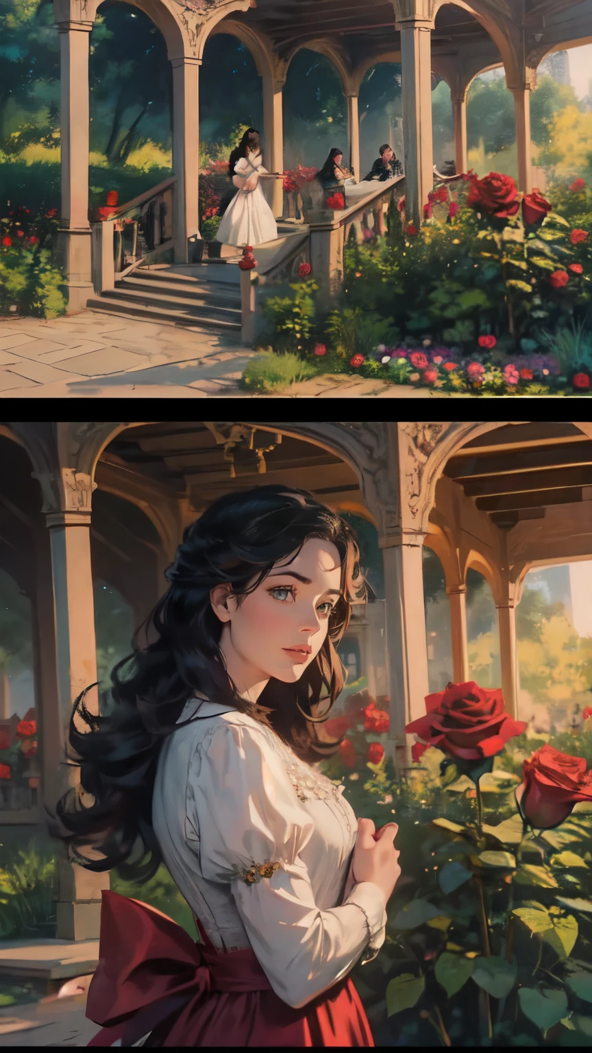 Fantasy, Rose bushes, Roses Everywhere, Light, woods, destroyed gazebo, German appearance, 23 year old girl with long black hair, in 16th century peasant dress, looks like Adelaide Kane. HD