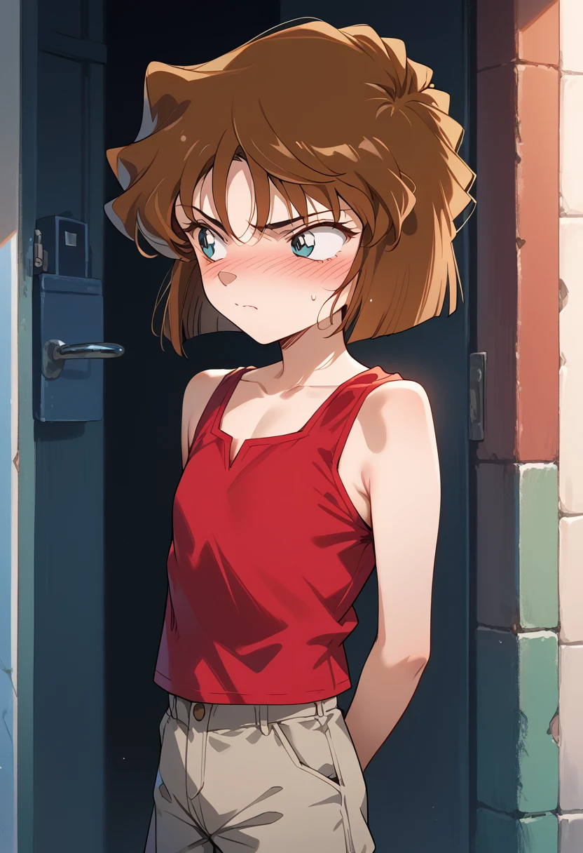 masterpiece,High resolution,Highest quality,8k(Detective Conan,ai haibara) (***************,,Flat Chest,Short,Brown Hair,short hair) (Plain red tank top,Grey shorts)Standing posture,Put your hands behind your back,Embarrassing,Embarrassed,looking at the camera,the way