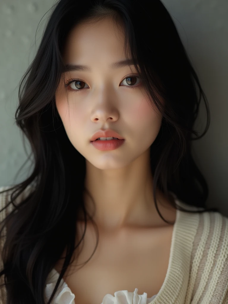 (masterpiece), 8k, 4k, uhd, high quality, (beautiful and delicate girl), beautiful and delicate light, (beautiful and delicate eyes), mysterious, (brown eyes), (dark black long hair), large breasts, 1girl, 1female, asian, korean woman, frontal shot, soft expression, tan skin, cardigan, sleeveless knit, simple_background, young beauty spirit, cute, portrait, front face, face, zoom in, sensual eyes, sensual look,