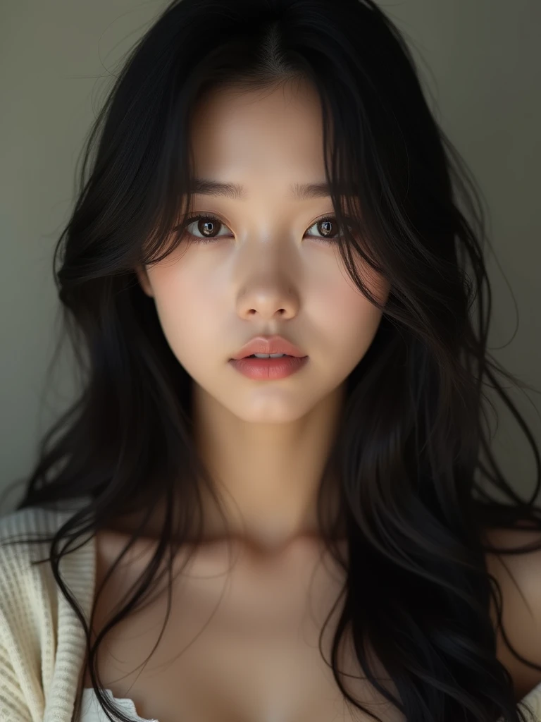 (masterpiece), 8k, 4k, uhd, high quality, (beautiful and delicate girl), beautiful and delicate light, (beautiful and delicate eyes), mysterious, (brown eyes), (dark black long hair), large breasts, 1girl, 1female, asian, korean woman, frontal shot, soft expression, tan skin, cardigan, sleeveless knit, simple_background, young beauty spirit, cute, portrait, front face, face, zoom in, sensual eyes, sensual look,