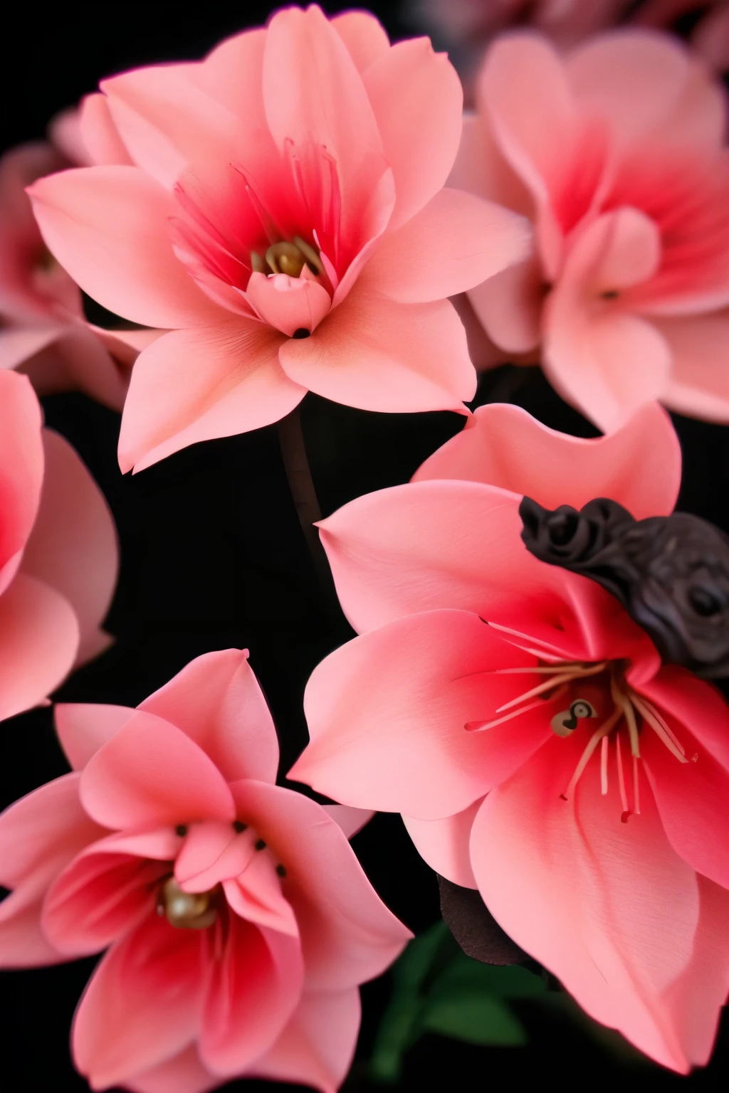 Beautiful flowers, very detailed, dark tones with a red tint,a masterpiece of art just a sight for sore eyes, close-up blossoms 