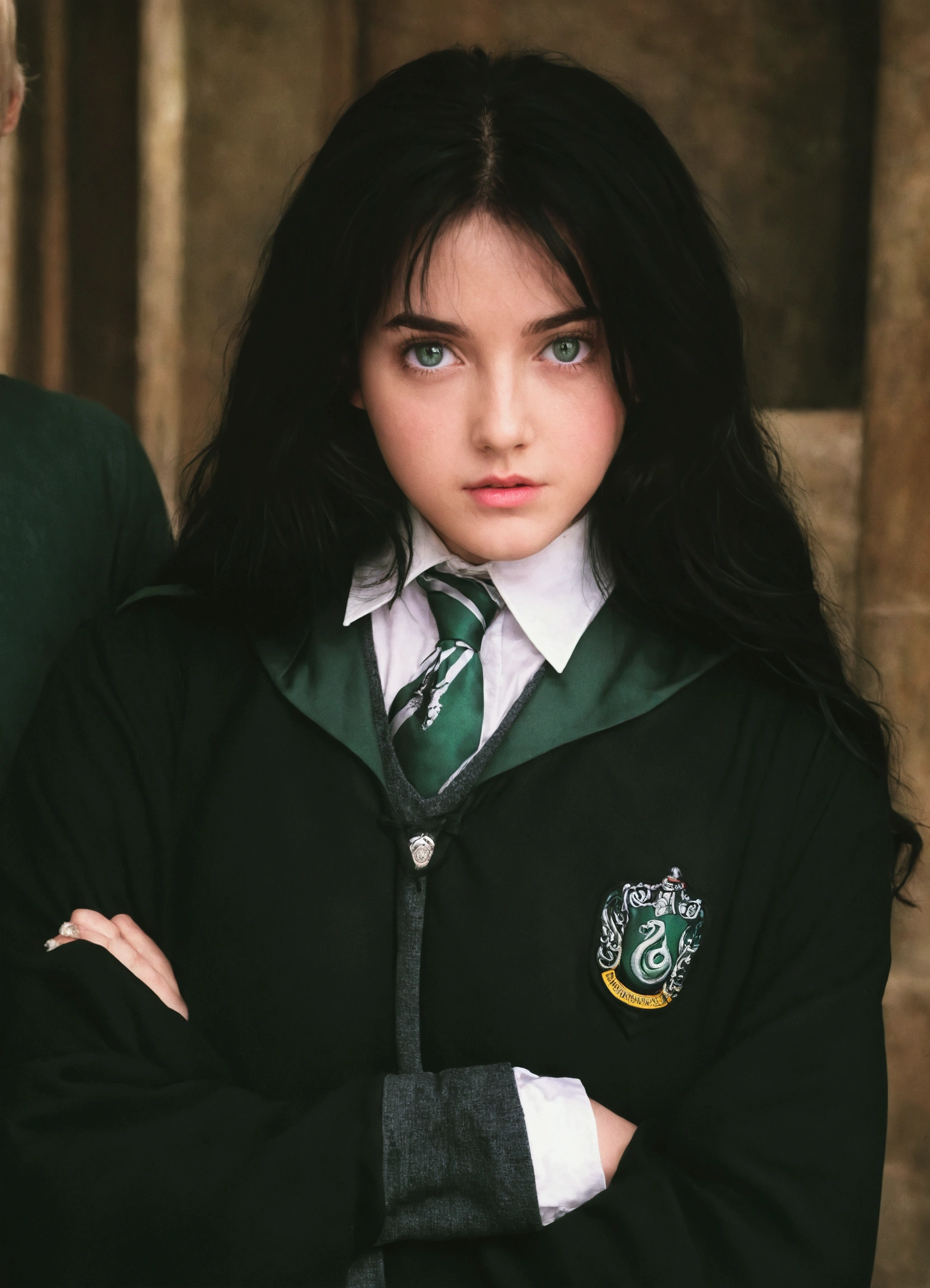 there is a young woman dressed in a green uniform and a green tie, in hogwarts, similar to malfoy, a hyperrealistic schoolgirl, magic school uniform, in the art style of bowater, she has black hair, fan art, hyperrealistic schoolgirl, wearing hogwarts!!! robes!!!, her black hair is a long curly, masterpiece! portrait of arwen, purple eyes, eyes purple, wavy hair, young woman, breasts