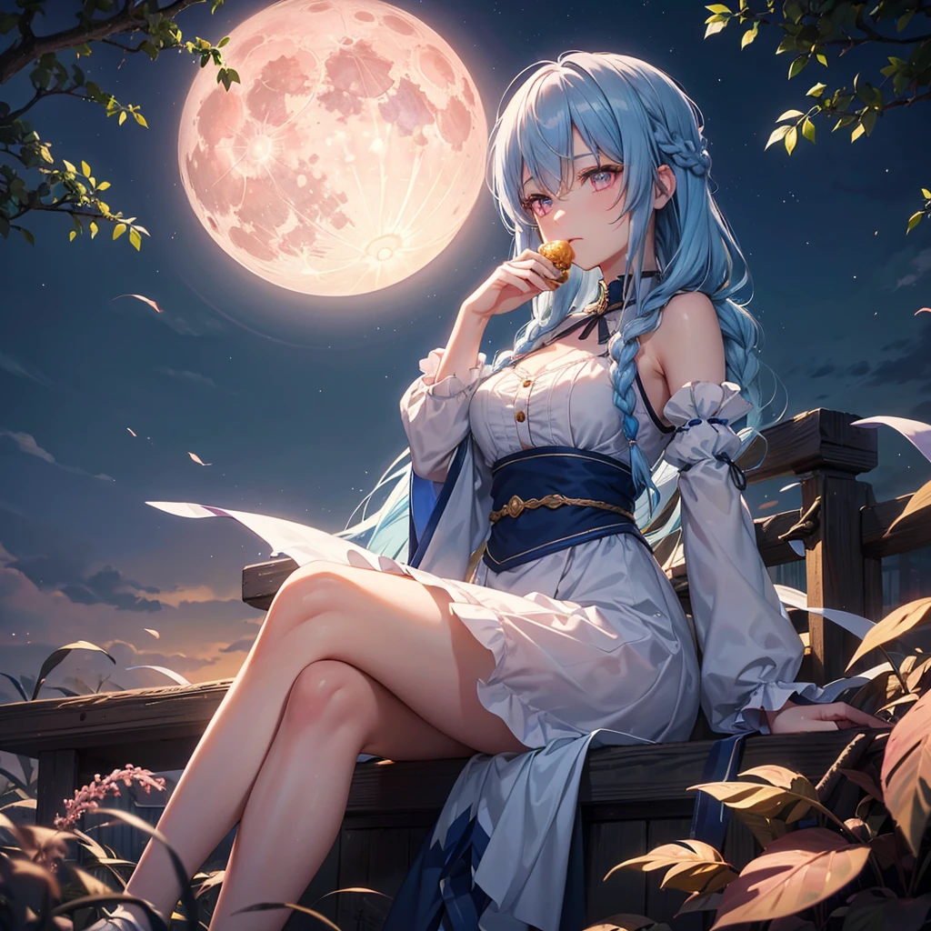 Sky blue hair, (Braided medium hair), (Pink eyes),Fair skin) ,(whole body),(One Girl),(harvest moon),(A large amount of Miscanthus sinensis in the background),(full moon),(masterpiece, Highest quality, Very detailed, Best Shadow), (Detailed Background), (Beautifully detailed face), High Contrast, (Best lighting, Very delicate and beautiful), ((Cinematic Light)), Hyper Detail,8k, Dramatic Light, Intricate details,(sitting down to eat rice dumplings)