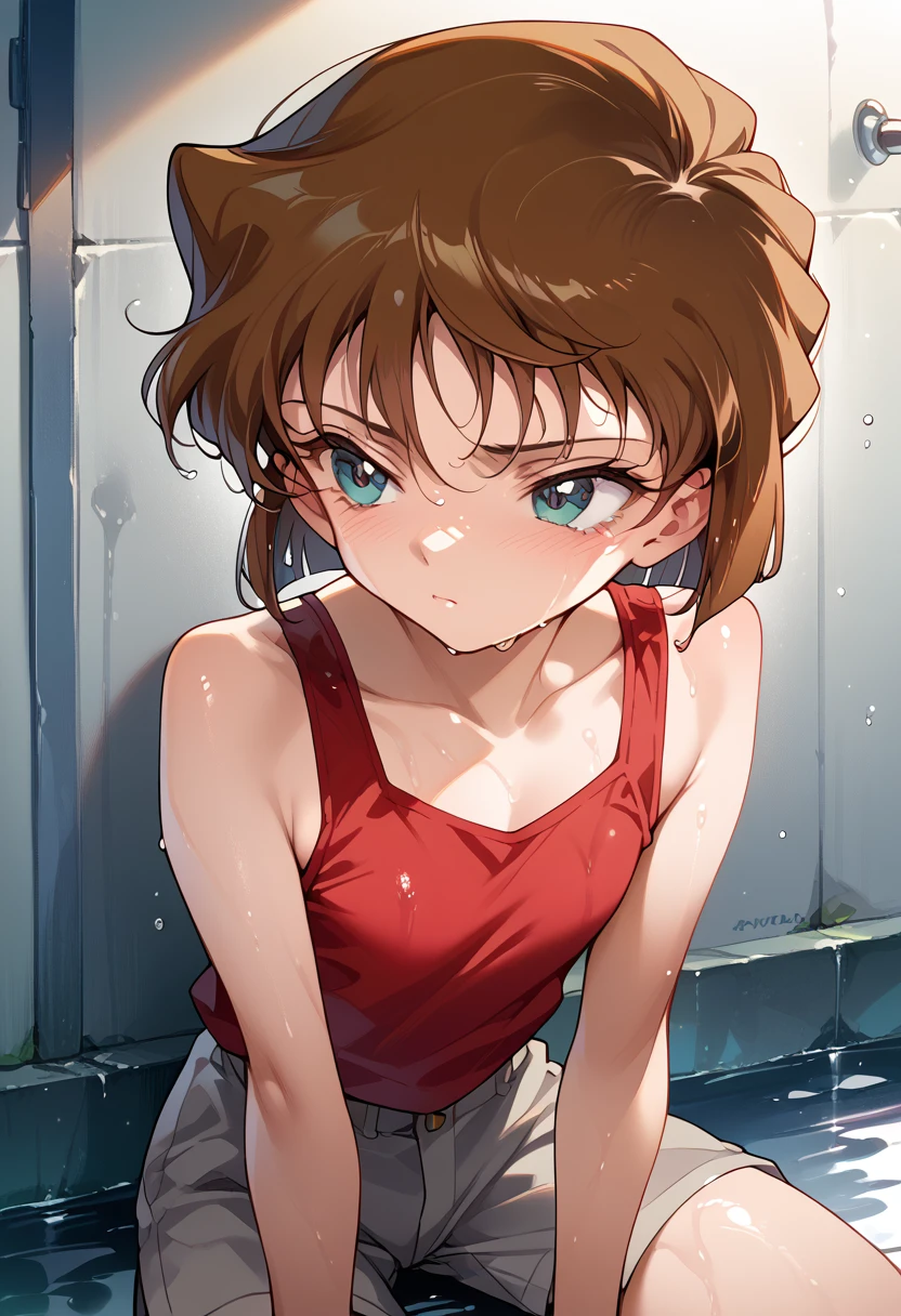 masterpiece,High resolution,Highest quality,8k(Detective Conan,ai haibara) (***************,,Flat Chest,Short,Brown Hair,short hair) (Plain red tank top,Grey shorts)squat,It rains,Wet,Sad face,the way