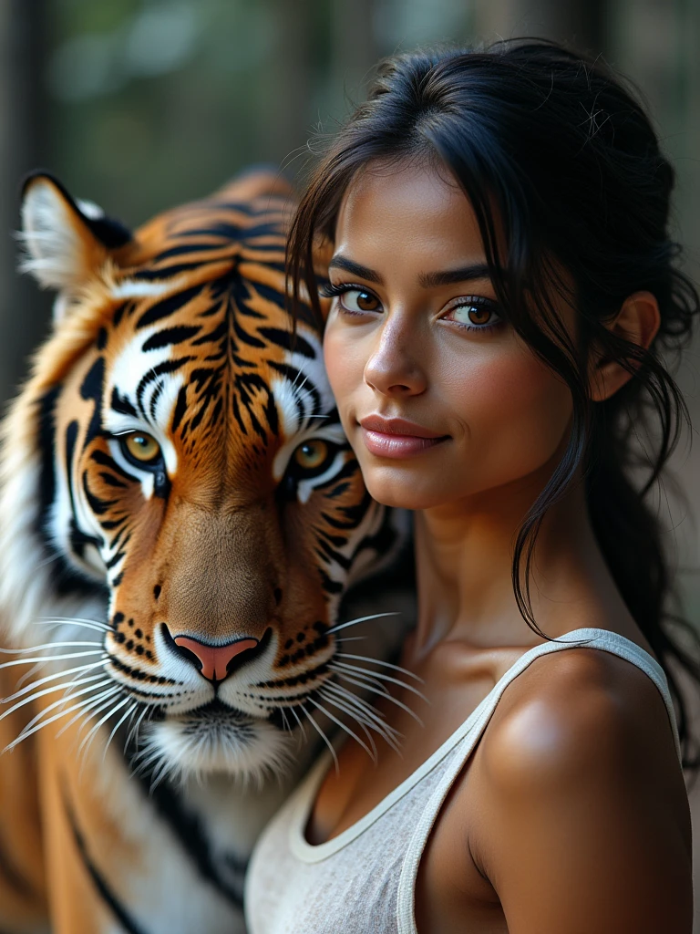 a young brown skin woman wearing casual clothes, with a tiger, niji vision, high quality,