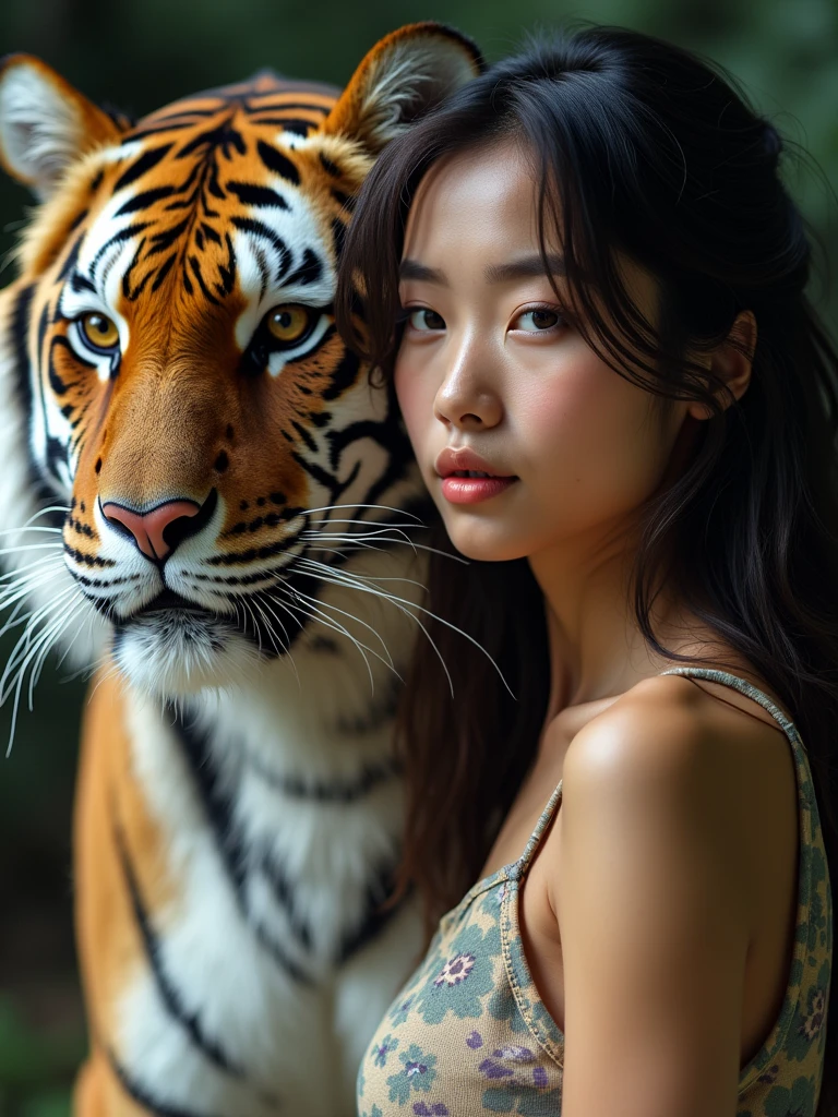 a young brown skin woman wearing casual clothes, with a tiger, niji vision, high quality,