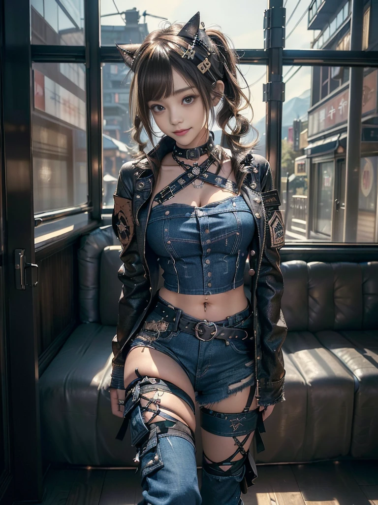 (Beautiful lips and nose:1.4)、(Long eyelashes:1.4)、(Smiling with teeth showing:1.3),(Shibuya Gal:1.5)、(Gothic ta delicately decorated dress:1.5)、(Tattered denim and black punk rock cargo pants:1.5)、(Denim and black navy skull mark small jacket:1.4)、(denim garter belt:1.5)、(Black and denim knee socks:1.3)、(Skull Silver Accessories:1.5)、(Denim collar:1.3)、(Brown Skin Belt:1.4)、(Brown boots:1.2)、(The underwear is striped:1.4)、31 years old、((Highest quality、In 8K、masterpiece:1.3))、Sharp focus:1.2、(Layered Cut、Huge boobs:1.1),Beautiful woman with perfect figure:1.4、(Dancing vigorously:1.3)、Slender Abs:1.2、Highly detailed face and skin texture、Detailed eyes、double eyelid,(Twin tails:1.3)、(Brown-golden hair:1.3)、Gravure idol、(The background is a vast mountain with a clear view々Beautiful luxury resort destination in Europe:1.3)、(Slim Body:1.2),(Make your legs thinner:1.4),(clavicle:1.1)