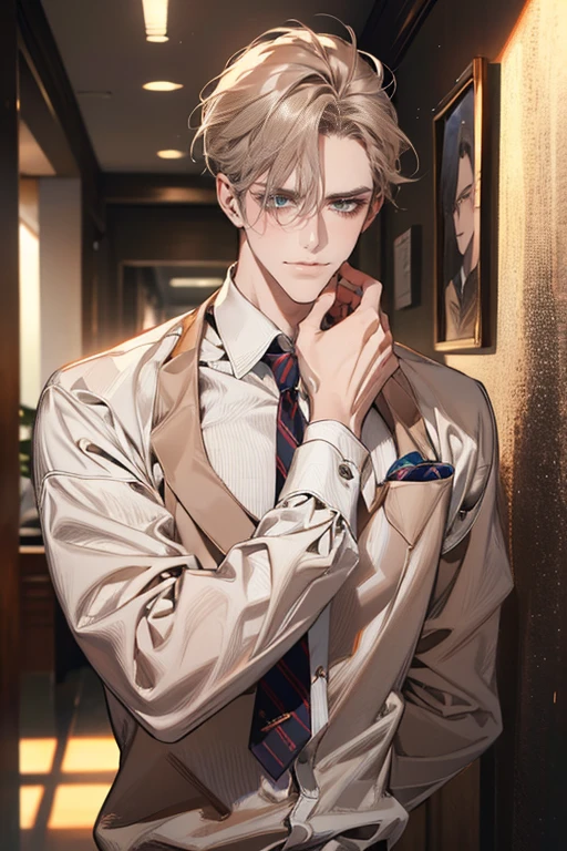 (tmasterpiece, high resolution, ultra - detailed:1.0), (1 boy, Young male, masculine face), Perfect male body, tall and strong, Adult male, Delicate eyes and delicate face, Extremely detailed CG, Unity 8k wallpaper, Complicated details, Detailed face, (gray brown hair, messy hair, serious faces, white shirts,Bad students), (frown,evil smile:1.3), stad in school corridor, street style, color difference, Depth of field, dramatic shadow, Ray tracing, Best quality, Cinematic lighting, offcial art,Portrait