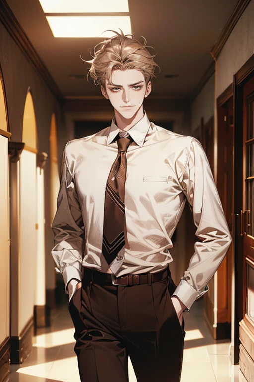 A high resolution， Sharp focus， Pixiv masterpiece， （（Complicated details））， highly  detailed， natsuki_subaru， 1 man， with her mouth open，full bodyesbian，sit astride， Golden eyes（eyes glowing）， blond hairbl， The shirt，Drenched，Gold tie，trousers，thongs，perspire，look from down