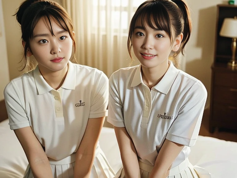 (Masterpiece, Best quality:1.3), (Ultra realistic, Photo-realistic:1.2), From above, Slender, (Seductive pose:1.1), Bedroom eyes, Beautiful thighs, Natural light, 28 years old actress, Japanese women, Neat and clean, (Ponytail hairstyle:1.2), Short wavy hair, ((Wearing white tennis uniform, White short-sleeve polo shirt:1.2)), (unbutton:1.3), ((Wearing White tennis pleated skirt:1.2)), Wearing white sock, (Beautiful face), Oval face, clear, Beautiful eyes, Kind eyes, Clear skin, Small face, Beautiful mouth, Small mouth, Natural makeup, Approachable, Seductive smile, Embarrassed, Blush, Luxury hotel Suite room,