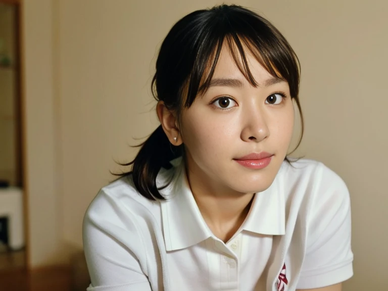 (Masterpiece, Best quality:1.3), (Ultra realistic, Photo-realistic:1.2), From above, Slender, (Seductive pose:1.1), Bedroom eyes, Beautiful thighs, Natural light, 28 years old actress, Japanese women, Neat and clean, (Ponytail hairstyle:1.2), Short wavy hair, ((Wearing white tennis uniform, White short-sleeve polo shirt:1.2)), (unbutton:1.3), ((Wearing White tennis pleated skirt:1.2)), Wearing white sock, (Beautiful face), Oval face, clear, Beautiful eyes, Kind eyes, Clear skin, Small face, Beautiful mouth, Small mouth, Natural makeup, Approachable, Seductive smile, Embarrassed, Blush, Luxury hotel Suite room,
