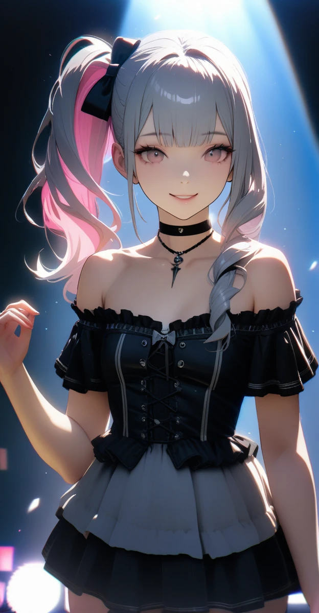 (high quality, 8k, 4K, High Contrast, masterpiece:1.2, 最high quality, Best aesthetics),  (Realistic skin texture:1.3),Optimal，masterpiece，High resolution，最high quality，Hyper HD，Very cute 15 year old girl, play the guitar、Paul Guitar、((he女は耳に銀のイヤリングをつけている.. Black choker、black punk fashion、Off-the-shoulder short inner、mini skirt))、(Gray hair color、Light pink inner color hairstyle、Side Ponytail Hairstyles、Hair expressed with a delicate touch), Beautiful Hair, Facial Contour, Remember, Live Venue Stage, splash, Lens flare、Bright lighting、illumination、Natural Color, High resolution, Very delicate, Very detailed, 8k,（her breast size is about a B cup）、Shyness,((Sexual)),((Naughty feelings)),smile、he&#39;オレンジグラデーションのレスPaul Guitarを弾いている.