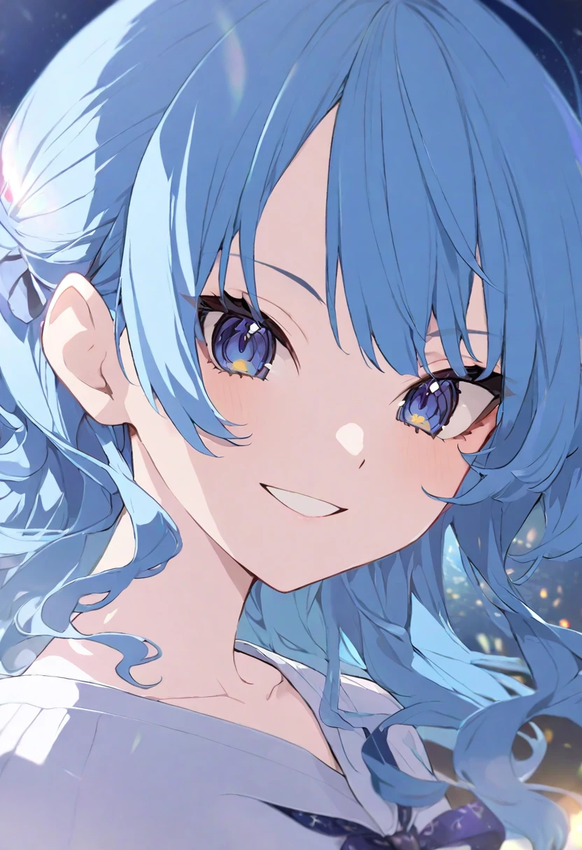 (muste piece), (best quality), (score_9, score_8_up, score_7_up), very detailed eyes, expressive eyes, perfect face, very detailed face, highly detailed face, beautiful girl, 8K, beautiful girl, white background, delicate and beautiful face and eyes, dark intense shadow, Ultra-high resolution, Movie Lighting, (Fuji Color: 1.2) portrait,
1 girl, vtuber style, cool girl, hololive, vtuber, Hoshimachi Suisei, blue hair, sharp eyes, small chest, collarbone, Smile, closing mouth, (upper body), (Close-up of face), Looking at the audience, look back, flipped hair, night, 
