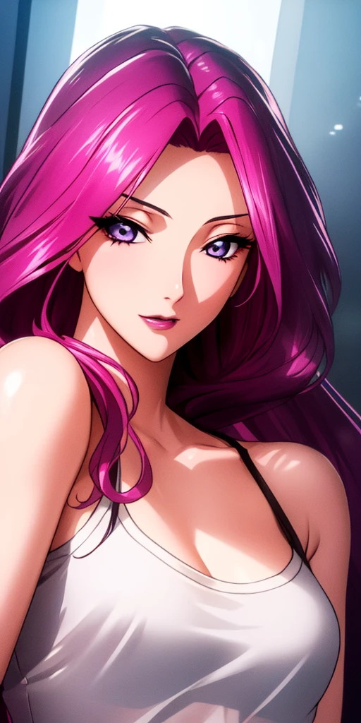 (((Photorealistic))),Human skin、masterpiece、32k、Highest quality、Pink Hair、Are thin、Small breasts、Camisole、Solo, Mastepiece, Best Quality, A detailed face, Detailed eyes, High resolution,、Parted Hair、Clearly visible eyes、Beautiful forehead,Half-eye ecstasy face,See-through tank top、Light from the front、Upper Body Shot