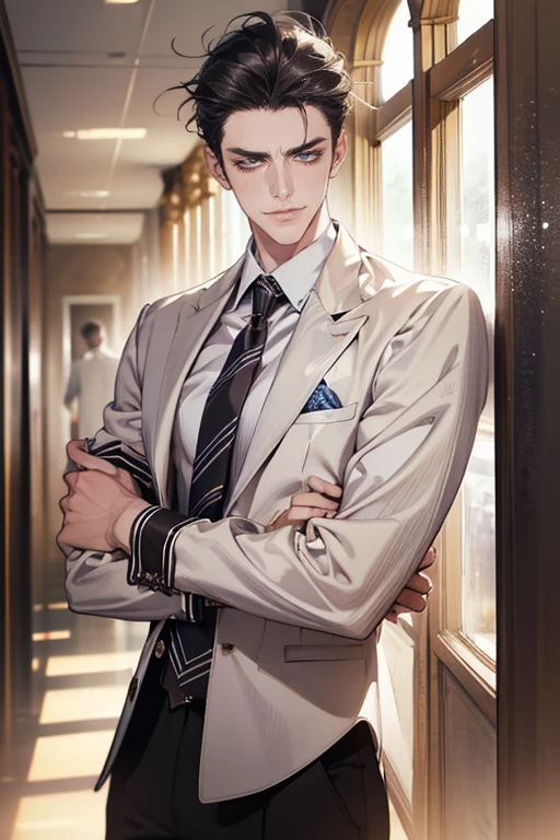 (tmasterpiece, high resolution, ultra - detailed:1.0), (1 boy, Young male, masculine face), Perfect male body, tall and strong, Adult male, Delicate eyes and delicate face, Extremely detailed CG, Unity 8k wallpaper, Complicated details, Detailed face, (gray black hair, messy hair, serious faces, white shirts,Bad students), (frown,evil smile:1.3), stad in school corridor, street style, color difference, Depth of field, dramatic shadow, Ray tracing, Best quality, Cinematic lighting, offcial art,Portrait