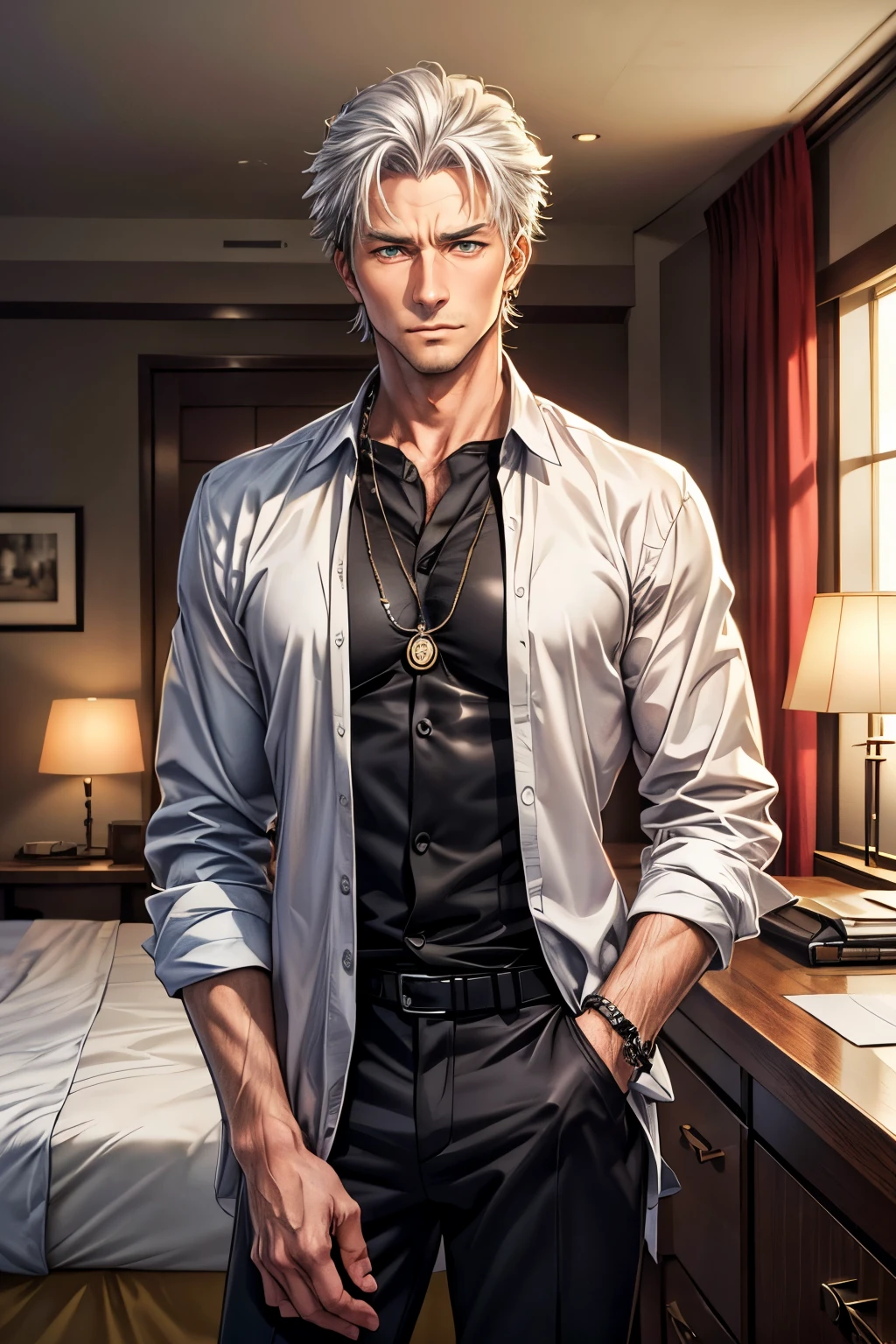 (((masterpiece、Anime Style、high resolution、high quality、Delicate、Ultra-high resolution、８ｋ)))Japanese men、６５age、Gray Hair、elder、Wrinkles、Black suit、WhiteＹshirt、accessories、necklace、Inside the Hotel