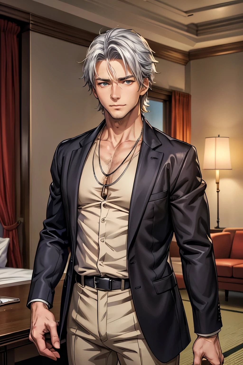 (((masterpiece、Anime Style、high resolution、high quality、Delicate、Ultra-high resolution、８ｋ)))Japanese men、６５age、Gray Hair、elder、Wrinkles、Black suit、WhiteＹshirt、accessories、necklace、Inside the Hotel