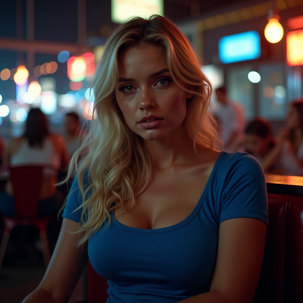 (Portrait), (full body: 1.4), RAW UHD portrait photo of a  blonde, in crowded diner, large breasts, wearing a blue t-shirt with a neckline, city at night, details (fabric !, hair !, sequins, colour !! , drawbacks: 1.1), bright eyes with high level of detail (look into camera), SLR lighting, SLR camera, ultra quality, Sharpness, Depth of field, film grain (centre), Fujifilm XT3, crystalline, centre of frame,sharp focus, street lighting, neon lighting, bokeh (low light), night, (night sky), detailed skin pores, oily skin, sunburn, complex eyes, unique face, shooting, (grace mckenna:madi teeuws:cameron richardson), Light on Face