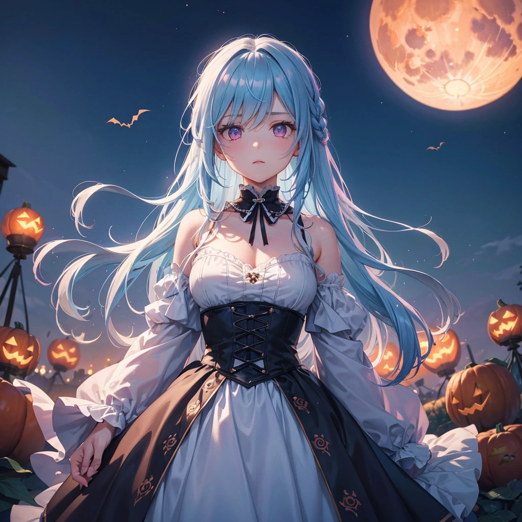 Sky blue hair, (Braided medium hair), (Pink eyes),Fair skin) ,(whole body),(One Girl),(harvest moon),(A large number of pumpkin ghosts in the background),(Halloween Party),(masterpiece, Highest quality, Very detailed, Best Shadow), (Detailed Background), (Beautifully detailed face), High Contrast, (Best lighting, Very delicate and beautiful), ((Cinematic Light)), Hyper Detail,8k, Dramatic Light, Intricate details,Witch's Clothes
