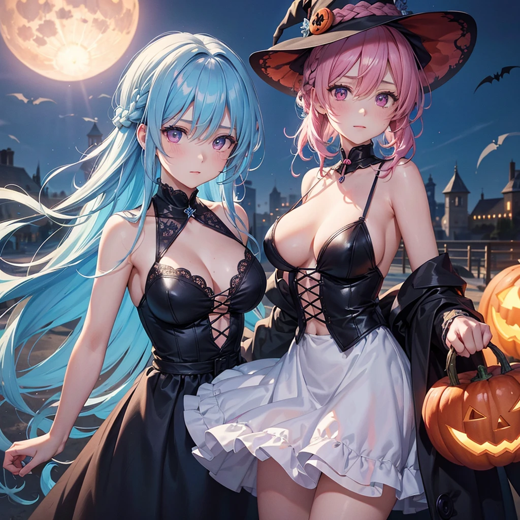 Sky blue hair, (Braided medium hair), (Pink eyes),Fair skin) ,(whole body),(One Girl),(harvest moon),(A large number of pumpkin ghosts in the background),(Halloween Party),(masterpiece, Highest quality, Very detailed, Best Shadow), (Detailed Background), (Beautifully detailed face), High Contrast, (Best lighting, Very delicate and beautiful), ((Cinematic Light)), Hyper Detail,8k, Dramatic Light, Intricate details,Witch's Clothes