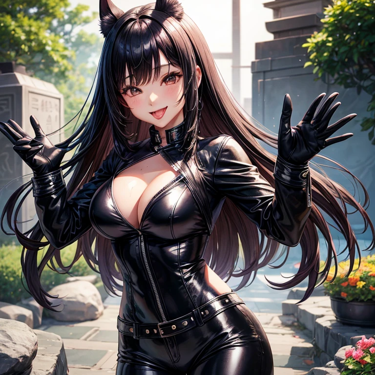 Asian Girls, Anime, Black Leather Pants, Satin Jacket, Long Hair with bangs, Zen Garden, with leather Gloves, Giant Batwings, Asian, Smile, Friendly, Happy, wet tongue out.