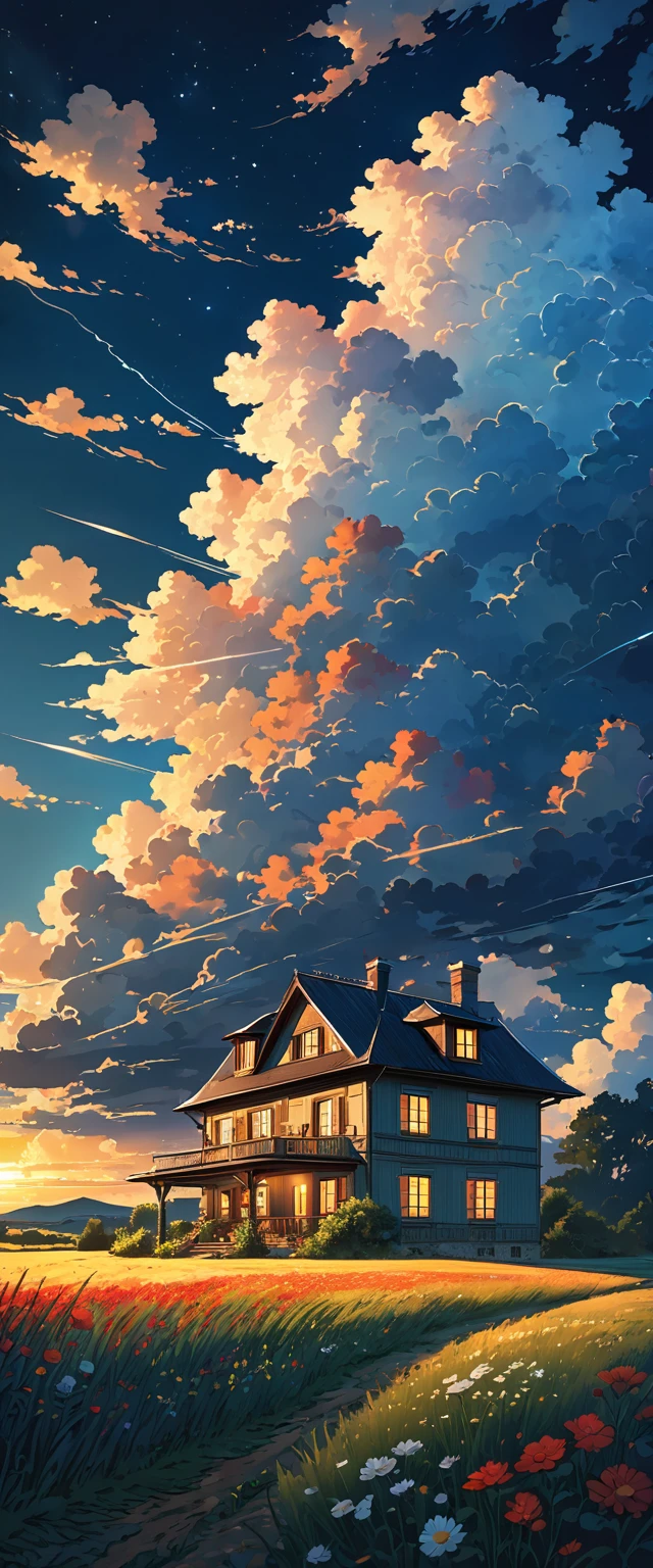 a stylo ghibli country house in the middle of a field under a night sky, clouds lighting!!!!!! summer sky and incoming clouds, clear contrast between sun and shadow, 8khdr cyril rolando and m.I'm confused, cyril rolando and m. I'm confused, Rhads!!!