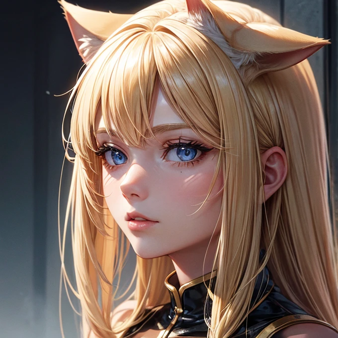 Detailed face and skin texture, Beautiful woman, Blonde middlehair, cat suit