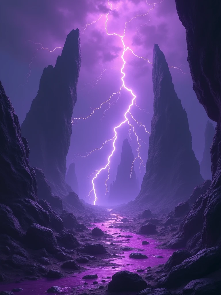 dark rocks and stones, surrounded in the style of purple lightning, fantasy style, fantasy world background, league of legends splash art