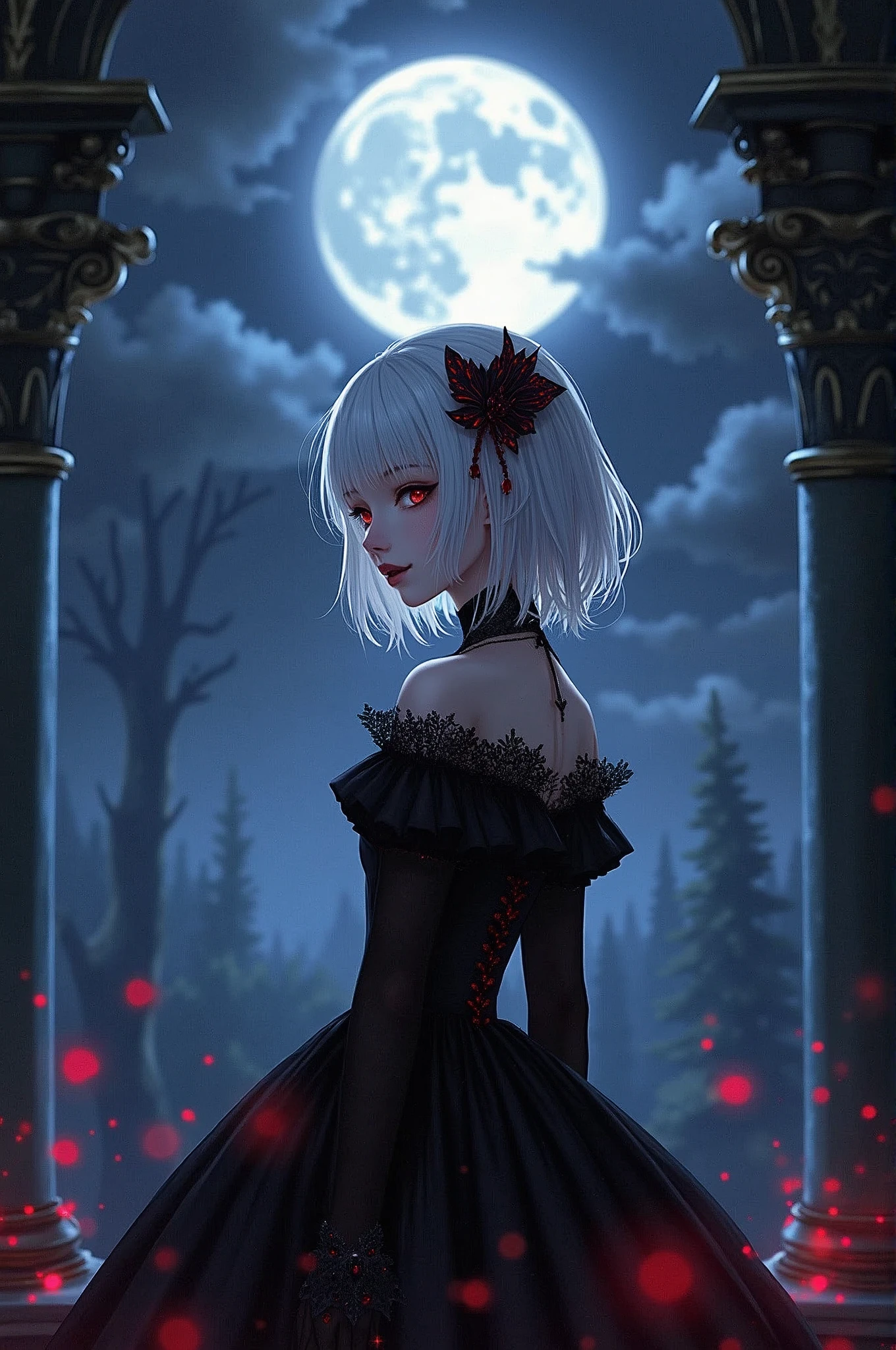 I will draw a scene where a girl who is a vampire reveals her true identity against a moonlit night sky.,(,1 girl,She is a girl with white hair and dark red eyes.,girl is a vampire,(extremely kind face:1.6),face seen from the side,perfect face,beautiful,gorgeous gothic loli dress,anatomically correct,perfect anatomy,),create an artistic background,A castle balcony deep in the forest,Luxurious decoration in Rococo style,Use black and red as main colors,(masterpiece:1.3),(highest quality:1.4),(ultra detailed:1.5),High resolution,extremely detailed,unity 8k wallpaper,decadent