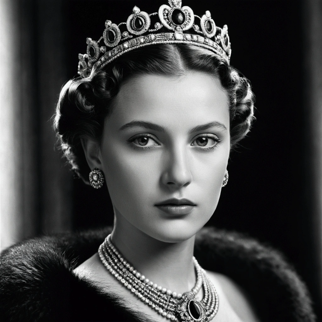 photorealistic photograph of young Queen Geraldine of Albania in 1938, elegant sophisticated woman, black and white, high contrast, dramatic lighting, detailed facial features, piercing eyes, regal pose, ornate jewelry, fur collar, intricate hairstyle, realistic skin texture, exquisite detail, masterpiece, high quality
