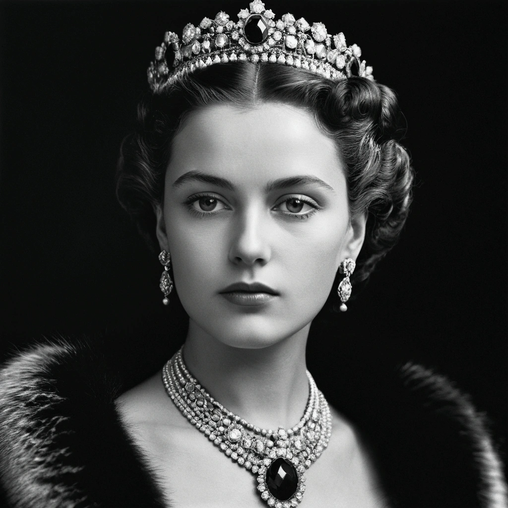 photorealistic photograph of young Queen Geraldine of Albania in 1938, elegant sophisticated woman, black and white, high contrast, dramatic lighting, detailed facial features, piercing eyes, regal pose, ornate jewelry, fur collar, intricate hairstyle, realistic skin texture, exquisite detail, masterpiece, high quality