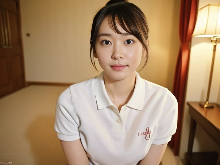 (Masterpiece, Best quality: 1.4), (Ultra realistic, Photo-realistic: 1.2), Full body, (kneeling: 1.3), Looking at viewer, Natural light, 18 years old actress, Japanese women, (arms behind back: 1.2), Neat and clean, ((White tennis uniform, White short-sleeve polo shirt with collar:1.2)), (unbutton:1.3), ((White tennis pleated skirt:1.2)), Wearing white sock, (ponytail: 1.2), Light brown hair color, (Beautiful Face), Oval face, clear, (Beautiful eyes, Kind eyes), (Clear skin), Small face, (Small mouth, Beautiful mouth), Natural makeup, Approachable, Luxury hotel Suite room, On bed, (nsfw:1.1), Seductive smile, Seductive pose, Beautiful thighs, Bedroom eyes,