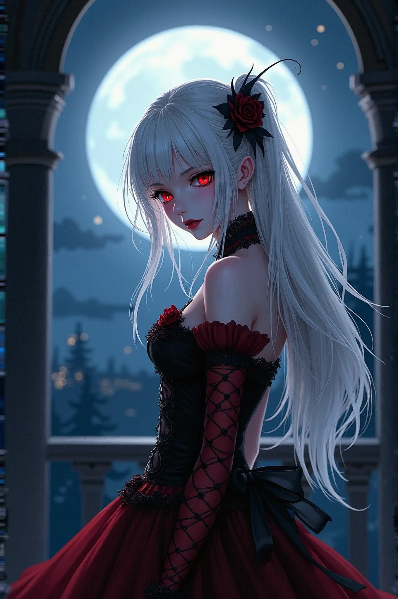 I will draw a scene where a girl who is a vampire reveals her true identity against a moonlit night sky.,(,1 girl,She is a girl with white hair and dark red eyes.,girl is a vampire,face seen from the side,perfect face,beautiful,A slightly sad smile,gorgeous gothic  dress,anatomically correct,perfect anatomy,),create an artistic background,A castle balcony deep in the forest,Luxurious decoration in Rococo style,Use black and red as main colors,(masterpiece:1.3),(highest quality:1.4),(ultra detailed:1.5),High resolution,extremely detailed,unity 8k wallpaper,decadent