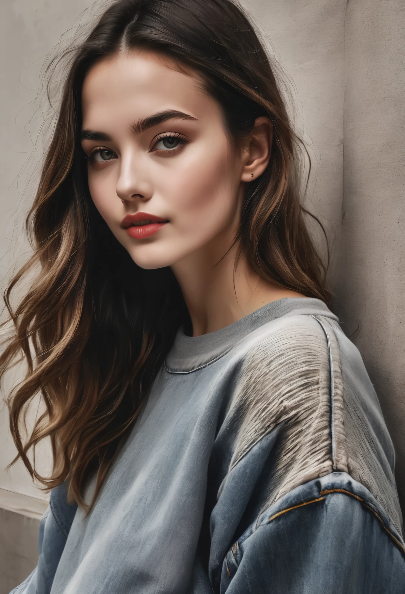 young woman,denim pants,sweatshirt, 20yrs old, detailed face, beautiful detailed eyes, beautiful detailed lips, high fashion, elegant, dramatic lighting, cinematic, smiling, high contrast, rich colors, vogue, editorial, (best quality,4k,8k,highres,masterpiece:1.2),ultra-detailed,(realistic,photorealistic,photo-realistic:1.37)