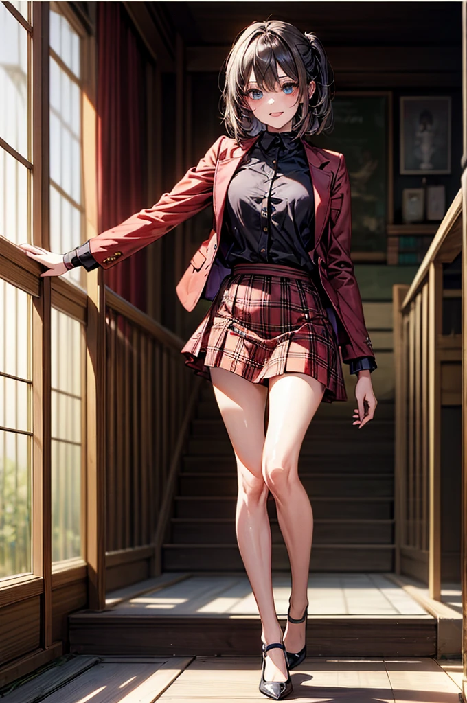 (Biologically correct limb count),Full body, including face,4K,Focus on the masterpiece face,Well-proportioned facial features,Delicate descriptive eyes,One beautiful woman,(Black shirt,red jacket,red plaid skirt),(Grin),Photos with white borders,looking at the camera,Kiyomizu-dera Temple Walking,Walking down the stairs,((High heels))