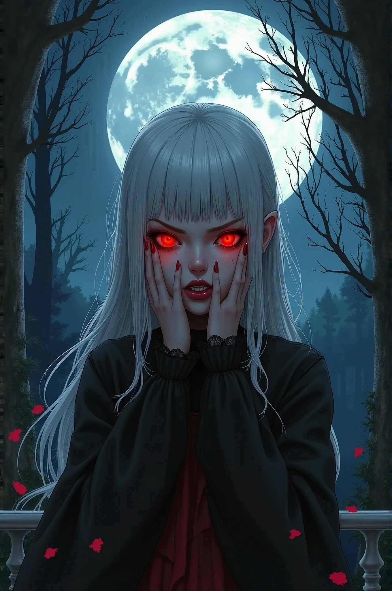 I will draw a scene where a girl who is a vampire reveals her true identity against a moonlit night sky.,(,1 girl,She is a girl with white hair and dark red eyes.,girl is a vampire,(extremely kind face:1.6),face seen from the side,perfect face,beautiful,gorgeous gothic loli dress,anatomically correct,perfect anatomy,),create an artistic background,A castle balcony deep in the forest,Luxurious decoration in Rococo style,Use black and red as main colors,(masterpiece:1.3),(highest quality:1.4),(ultra detailed:1.5),High resolution,extremely detailed,unity 8k wallpaper,decadent