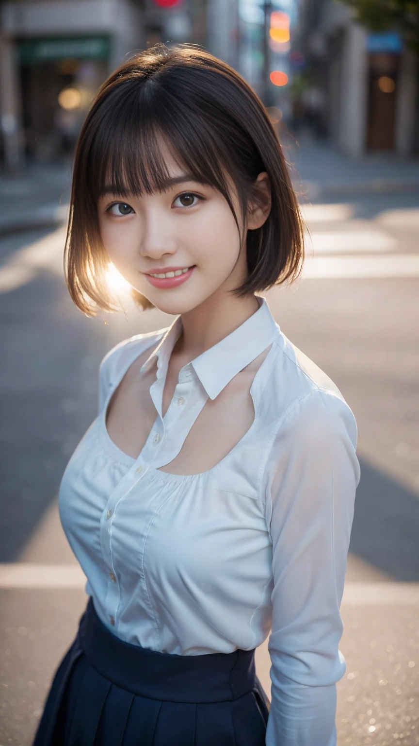 (Highest quality,masterpiece:1.3,Ultra-high resolution),(Very detailed,Caustics,8k),(Realistic:1.4,RAW shooting),1 girl,(Look at the camera with a smile),20-year-old,cute,Japanese,Short black hair,Long sleeve blouse,big ,Bust up shot,street,Face Focus,Natural light,Backlight,(A bright light shines from above),(Lens flare),Professional Writing,(Low position),(Low Angle)
