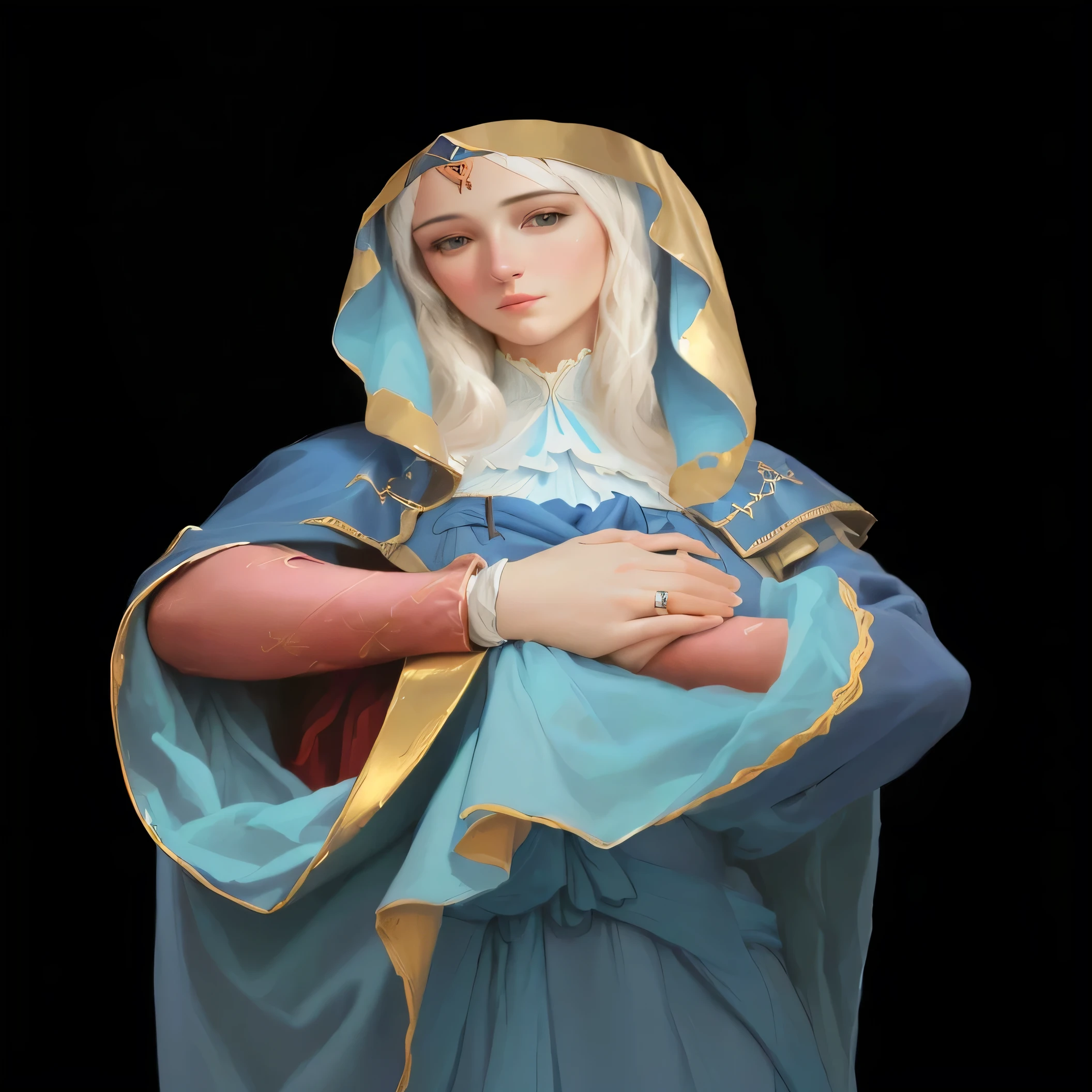 a closeup of a statue of a woman in a blue robe, portrait of Virgin Mary, detailed portrait of Madonna, Virgin Mary, painted in high resolution, majestic holy woman, holy woman, digitally painted, renaissance digital painting, Painted in Zbrush, digitally painted, full color digital illustration, render of mirabel madrigal, baroque digital painting, Detailed digital painting