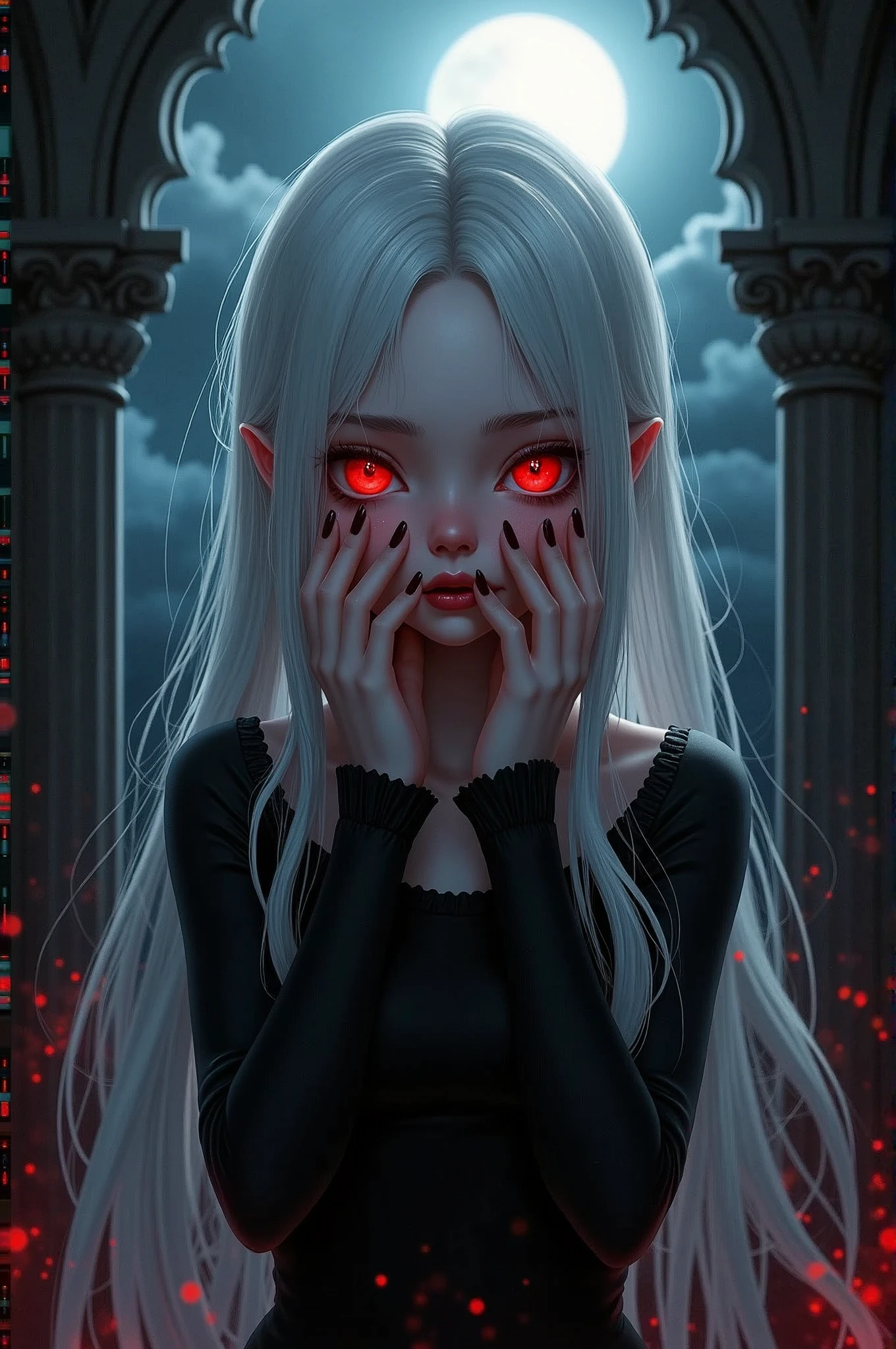 I will draw a scene where a girl who is a vampire reveals her true identity against a moonlit night sky.,(,1 girl,She is a girl with white hair and dark red eyes.,girl is a vampire,(extremely kind face:1.6),face seen from the side,perfect face,beautiful,gorgeous gothic loli dress,anatomically correct,perfect anatomy,),create an artistic background,A castle balcony deep in the forest,Luxurious decoration in Rococo style,Use black and red as main colors,(masterpiece:1.3),(highest quality:1.4),(ultra detailed:1.5),High resolution,extremely detailed,unity 8k wallpaper,decadent