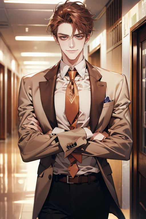 (tmasterpiece, high resolution, ultra - detailed:1.0), (1 boy, Young male, masculine face), Perfect male body, tall and strong, Adult male, Delicate eyes and delicate face, Extremely detailed CG, Unity 8k wallpaper, Complicated details, Detailed face, (brown hair, messy hair, serious faces, white shirts,Bad students), (frown,evil smile:1.3), stad in school corridor, street style, color difference, Depth of field, dramatic shadow, Ray tracing, Best quality, Cinematic lighting, offcial art,Portrait