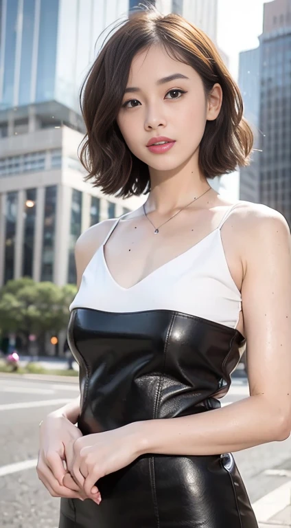 Highest quality、masterpiece:1.2、(Realistic、Realistic:1.37)、One Girl、cute、Cityscape、night、rain、Wet、Professional Lighting、Photon Mapping、Radio City、Physically Based Rendering、Gradient brunette hair、Short Curly Hair、good looking、White ball set、Excellent image quality、High resolution、1080P、(Clear Face)、(Detailed face description)、(Detailed hand description)、(Masseter region)、(Exquisite CGI)、 Extreme light and shadow、My hair is messy、masterpiece、Rich details、(Exquisite facial features)、(Best image quality)、(masterpiece)、(Eye on the details)、Looking forward to meeting you、Delicate clavicle、Leather Belt、((Leather Dresses))、