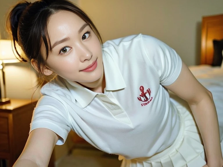 (Masterpiece, Best quality:1.3), (Ultra realistic, Photo-realistic:1.2), From above, Slender, Seductive pose, Bedroom eyes, Beautiful thighs, Natural light, 28 years old actress, Japanese 2women, Neat and clean, (Ponytail hairstyle:1.2), Short wavy hair, (Wearing white tennis uniform, White short-sleeve polo shirt:1.2), (unbutton:1.3), (Wearing White tennis pleated skirt:1.2), Wearing white sock, (Beautiful face), Oval face, clear, Beautiful eyes, Kind eyes, Clear skin, Small face, Beautiful mouth, Small mouth, Natural makeup, Approachable, Seductive smile, Embarrassed, Blush, Luxury hotel Suite room,